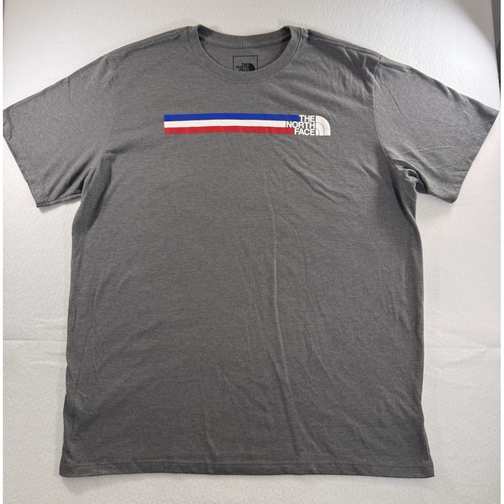 The North Face Mens XL Gray Graphic Logo T Shirt Red White Blue Stripe EUC
